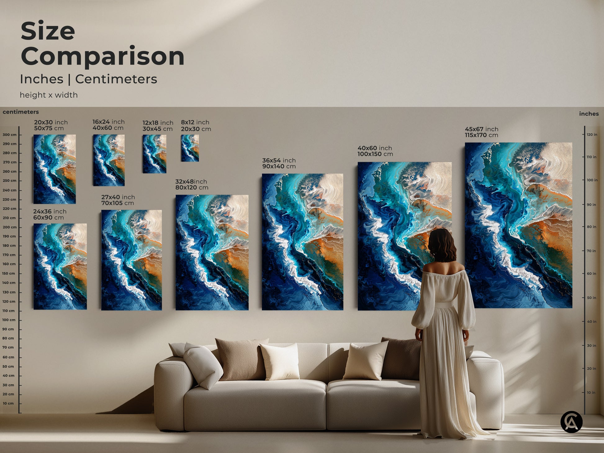 Size comparison of abstract ocean artwork in inches and centimeters. See how teal blue fluid art transforms spaces from small to large. Canvas and poster options available.