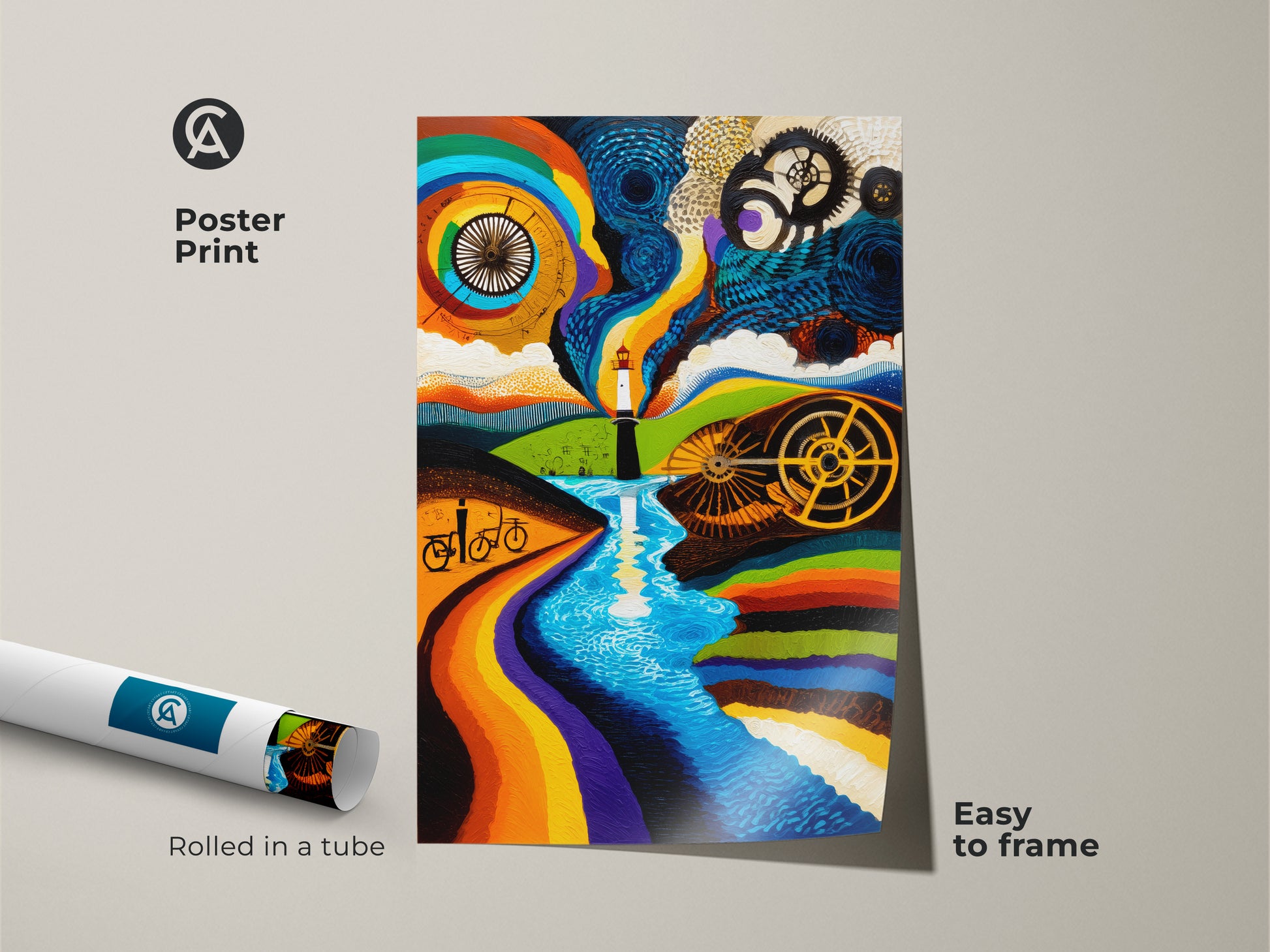 A poster print displays a surreal abstract lighthouse and bicycle landscape. The art features a vibrant rainbow palette. The print arrives rolled in a tube. It's an easy-to-frame art piece.