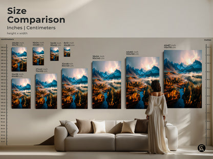 Size comparison of landscape artwork in inches and centimeters. See how different sizes fit above a couch. Visualize the artwork in various dimensions for your space. Choose the perfect size to enhance your home decor. Shop our landscape prints today.