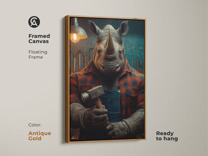 Rhino mechanic canvas wall art in a white floating frame. Ready to hang this artwork brings surrealism to your garage. The rhino wears a red plaid shirt and blue overalls. It is perfect for a man cave or home office. This industrial style print is a unique animal canvas.