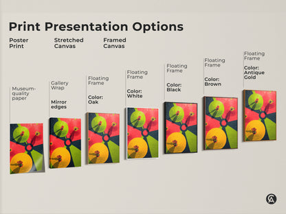 Explore print presentation options for the abstract dartboard artwork. Choose from poster print stretched canvas or framed canvas in various colors. Enhance your space with geometric art.