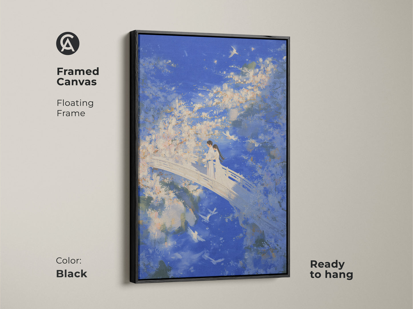 Framed canvas art featuring a couple on a bridge. This Romantic anniversary gift has a dreamy blue sky. The floating frame is black and ready to hang.