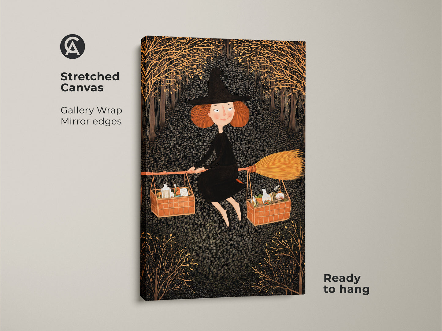 This is a gallery wrapped stretched canvas of witch flying broom art. It is ready to hang and features a whimsical design. The black and gold witch decor is perfect for Halloween. The canvas has mirror edges adding to its artistic appeal