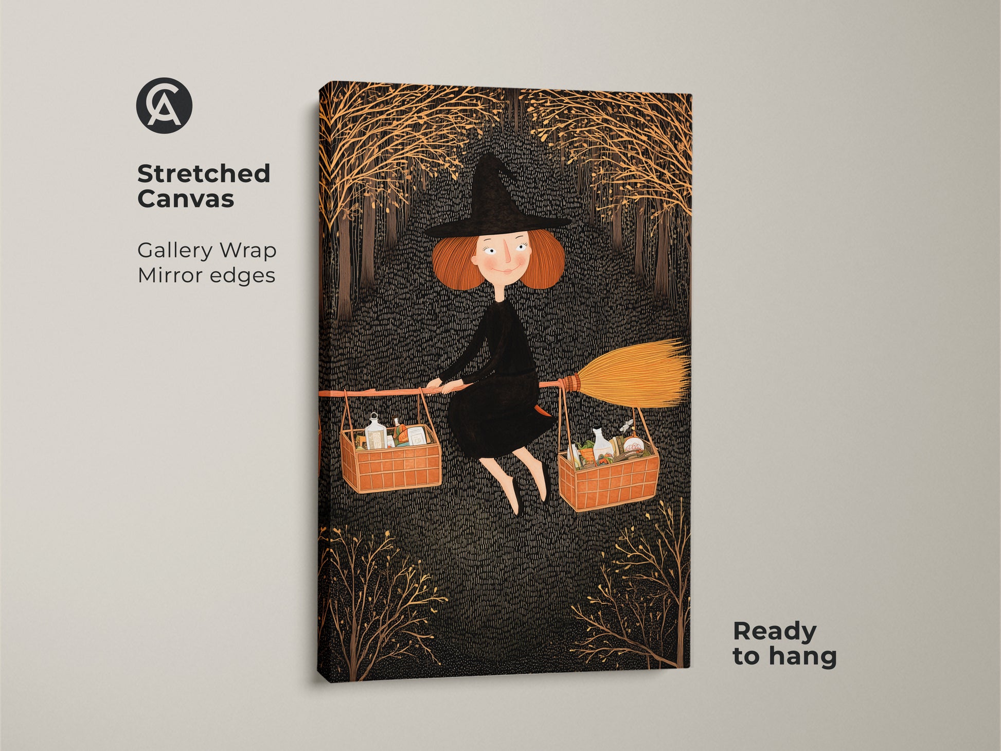 This is a gallery wrapped stretched canvas of witch flying broom art. It is ready to hang and features a whimsical design. The black and gold witch decor is perfect for Halloween. The canvas has mirror edges adding to its artistic appeal