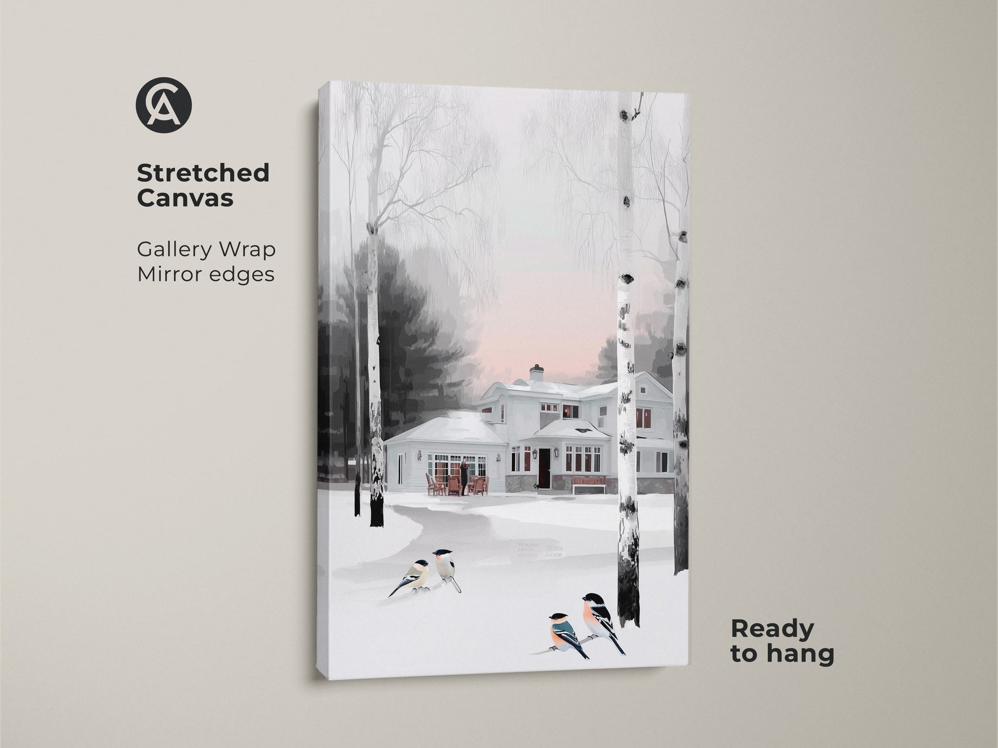 Stretched canvas art showcasing a snow-covered house in winter. Birds perch on a snow. The gallery wrap with mirror edges gives a modern touch. Ready to hang this farmhouse art brings a peaceful winter scene to your space.