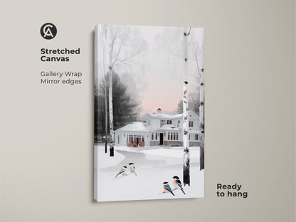 Stretched canvas art showcasing a snow-covered house in winter. Birds perch on a snow. The gallery wrap with mirror edges gives a modern touch. Ready to hang this farmhouse art brings a peaceful winter scene to your space.