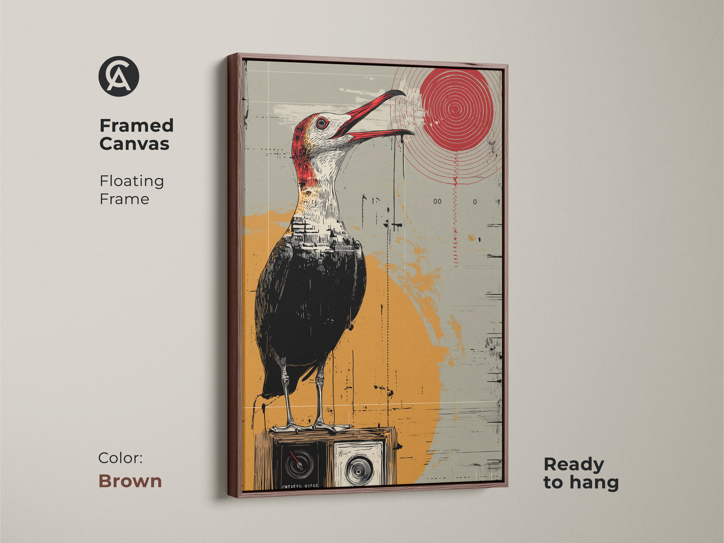 A framed canvas with a brown floating frame features surreal bird artwork. This eclectic piece shows a bird perched on a vintage radio. The red yellow grey palette enhances any space. Perfect for art collectors or as a housewarming gift it adds retro charm to a study or office. It is ready to hang for immediate display.