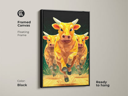 Framed canvas artwork with a floating frame showcasing three golden cows. This animal art is ready to hang. The black frame enhances the geometric low polygon art. This modern artwork is perfect for adding sophistication to your space. It is a stylish animal art for any room.