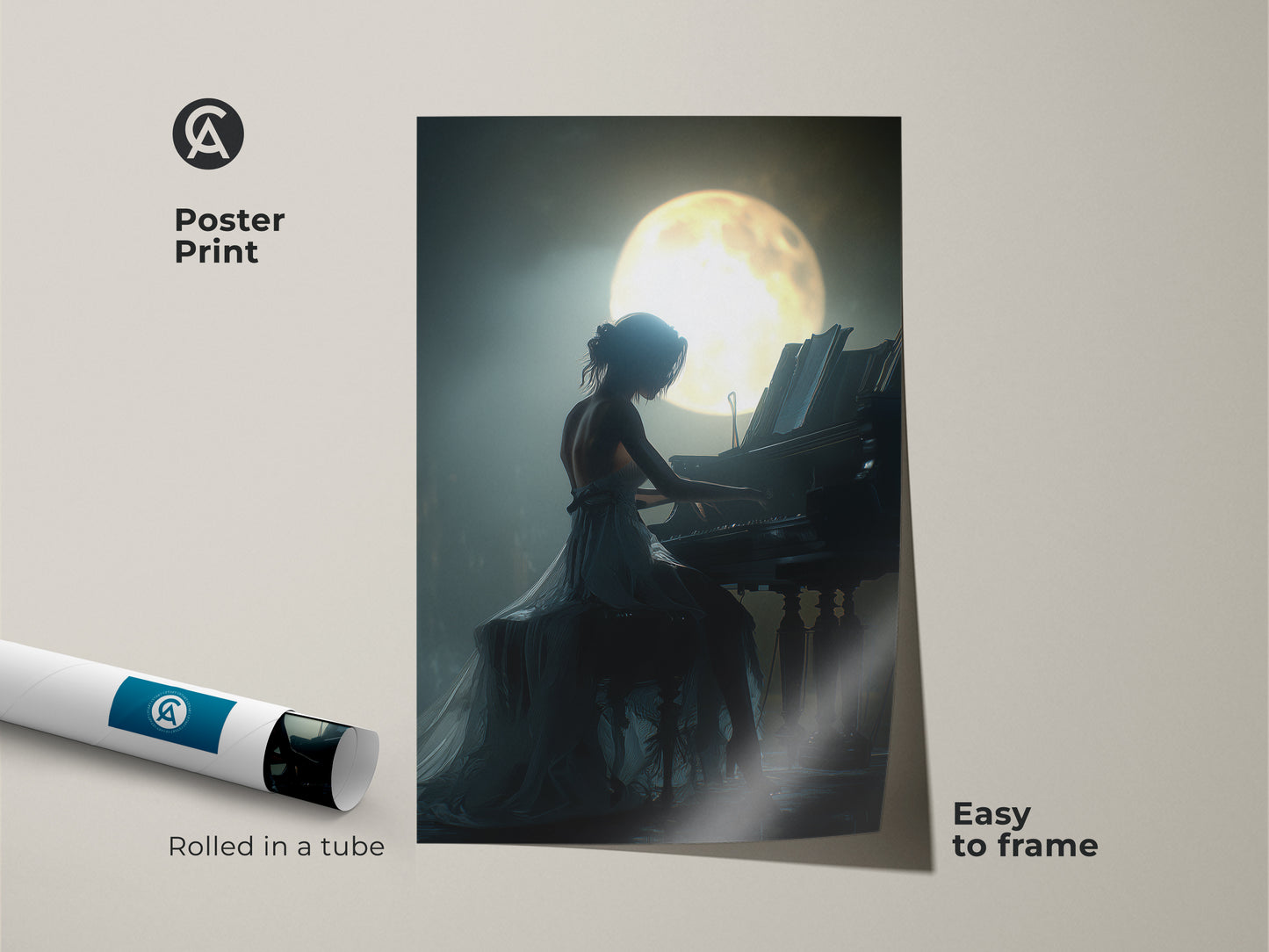 Poster print of a woman playing grand piano under moonlight. The rolled poster is easy to frame. The romantic music artwork uses deep blue teal colors. This figurative art for bedroom is a great gift for music lovers. It's also a great anniversary gift wall art.