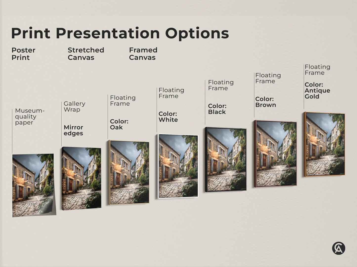 Explore print presentation options for European village art. Choose from poster stretched canvas or framed canvas. Available with gallery wrap museum-quality paper and floating frames. Rustic beige brown and gray wall decor options to enhance your home. Perfect housewarming gift selections.