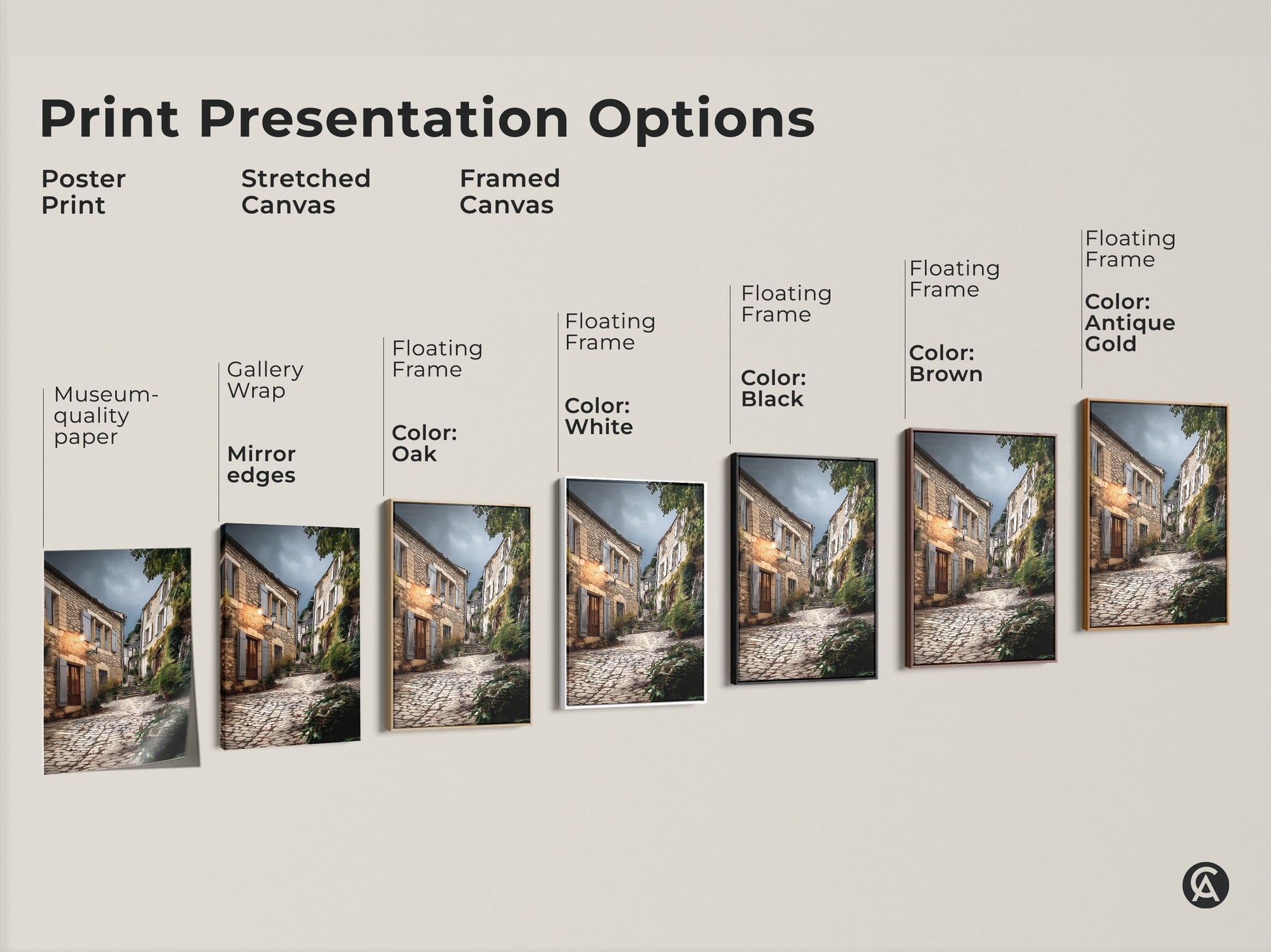 Explore print presentation options for European village art. Choose from poster stretched canvas or framed canvas. Available with gallery wrap museum-quality paper and floating frames. Rustic beige brown and gray wall decor options to enhance your home. Perfect housewarming gift selections.
