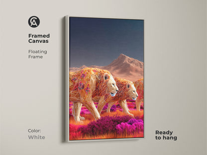 Framed canvas art displaying geometric lions in earthy ochre and tangerine colors. The white floating frame highlights this vibrant savanna landscape print. Ready to hang this piece adds a modern touch to any room. It's perfect for those seeking unique animal wall decor with a boho vibe.