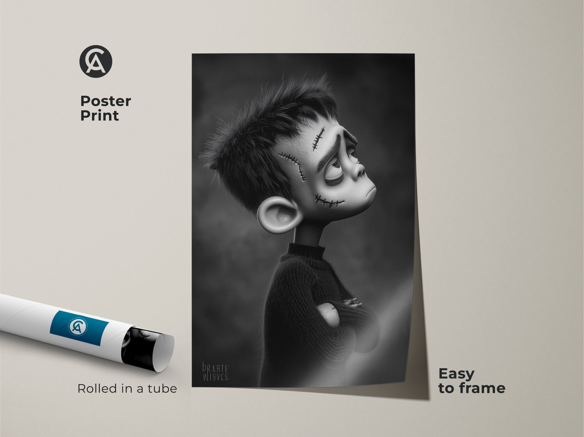 Poster print of a dark fantasy Frankenstein boy character. This black and white wall decor is easy to frame. Rolled in a tube this monster boy artwork makes a unique Halloween themed print.