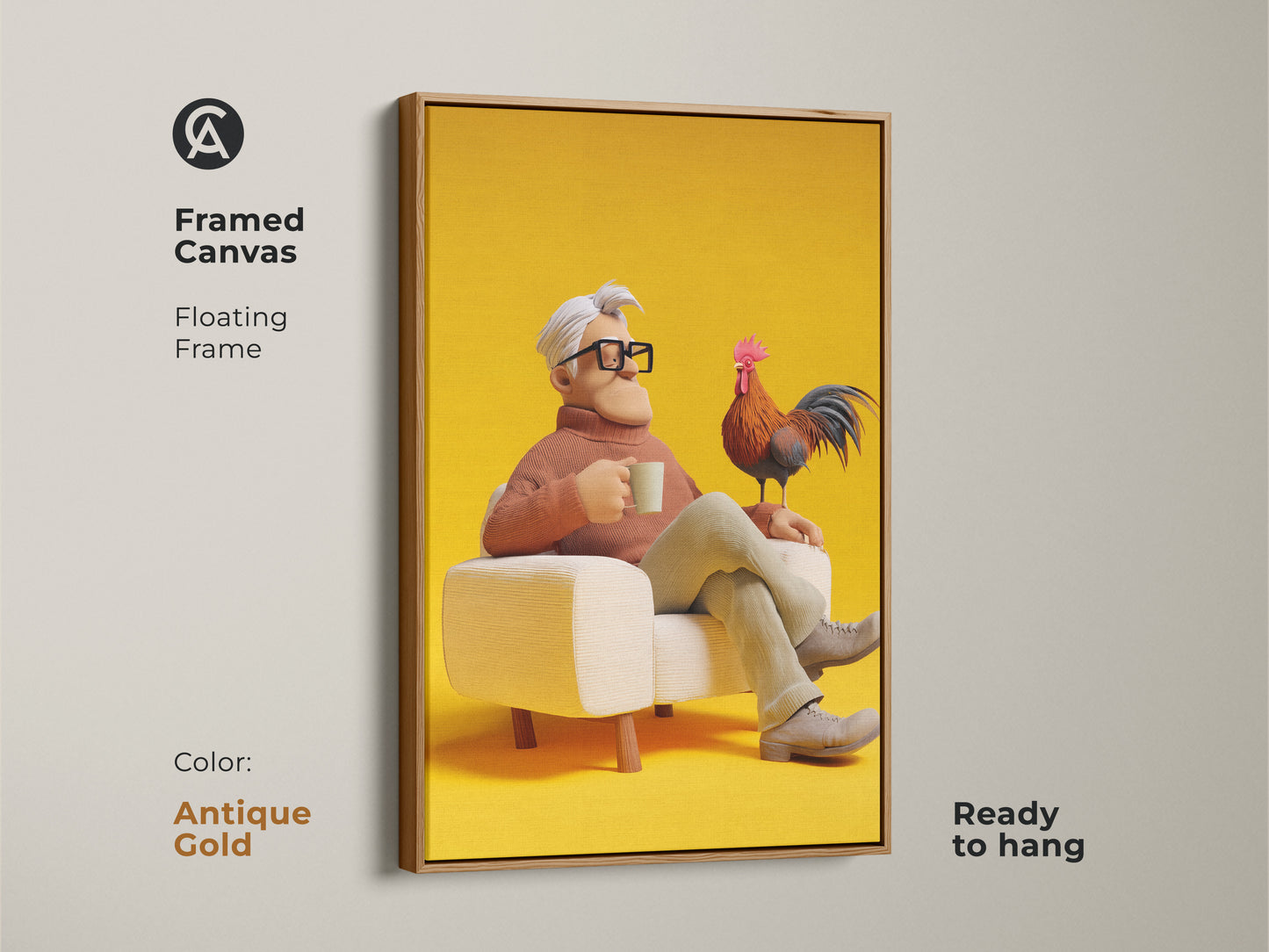 Framed canvas art featuring a man with a rooster. This floating frame is finished in antique gold. The bright yellow background art makes a statement. This 3D render animal art is ready to hang. This quirky character art adds warmth to any space. A unique gift for bird lovers.