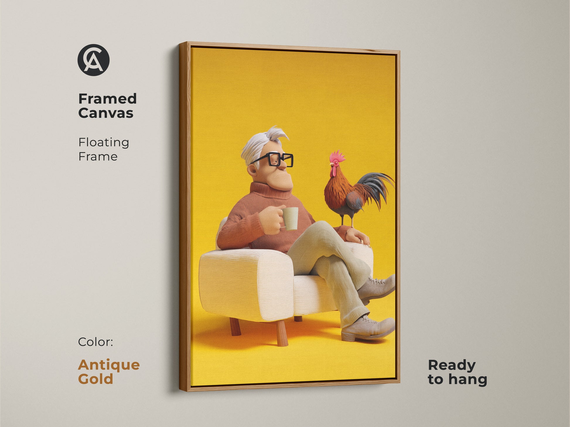 Framed canvas art featuring a man with a rooster. This floating frame is finished in antique gold. The bright yellow background art makes a statement. This 3D render animal art is ready to hang. This quirky character art adds warmth to any space. A unique gift for bird lovers.