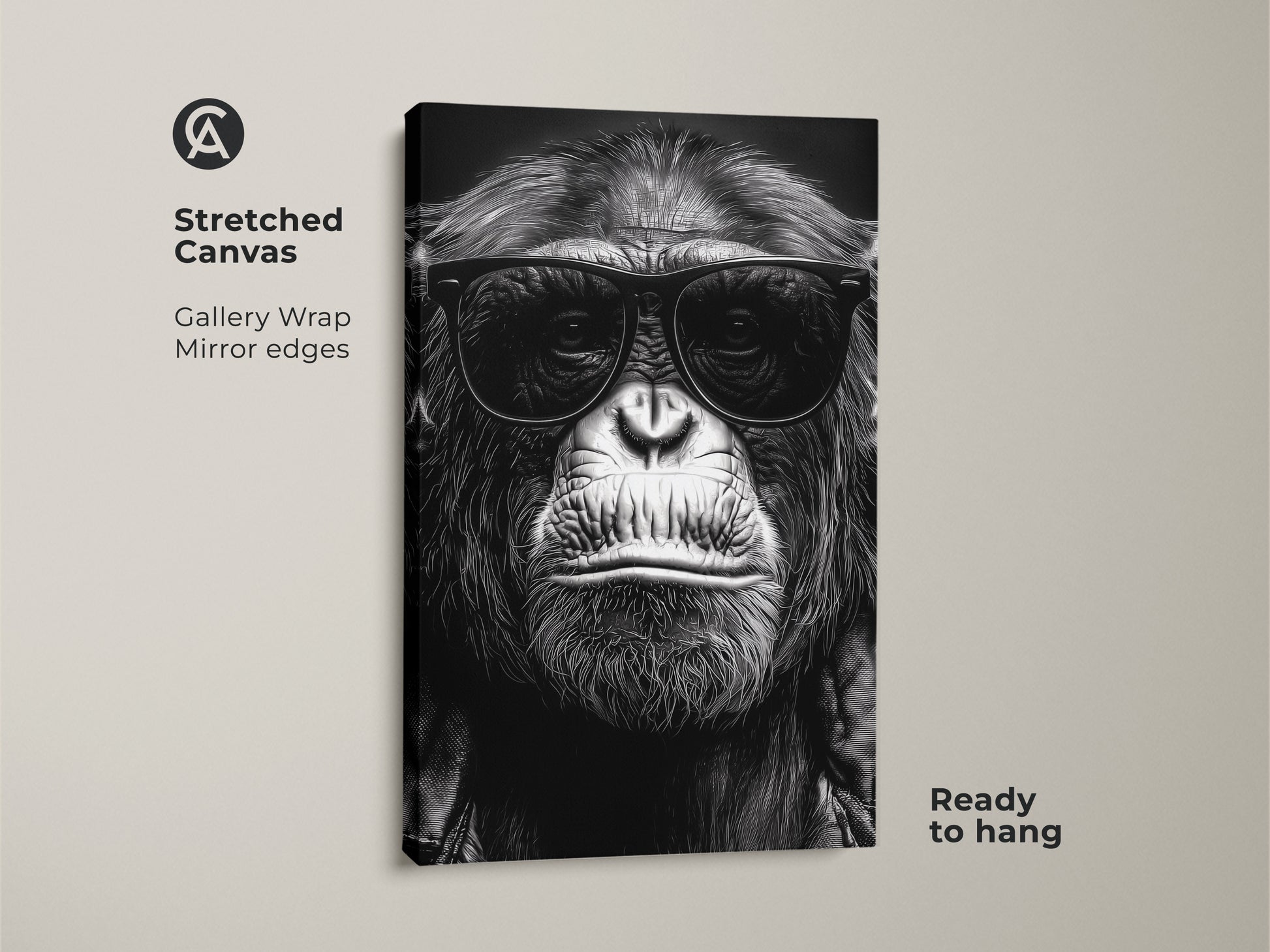 This is a stretched canvas of a chimpanzee wearing sunglasses. It is a black and white gorilla art print with gallery wrap mirror edges. The monochrome primate poster is ready to hang. Perfect as study room or eclectic home decor. Makes a thoughtful animal lover gift.