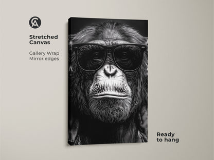 This is a stretched canvas of a chimpanzee wearing sunglasses. It is a black and white gorilla art print with gallery wrap mirror edges. The monochrome primate poster is ready to hang. Perfect as study room or eclectic home decor. Makes a thoughtful animal lover gift.