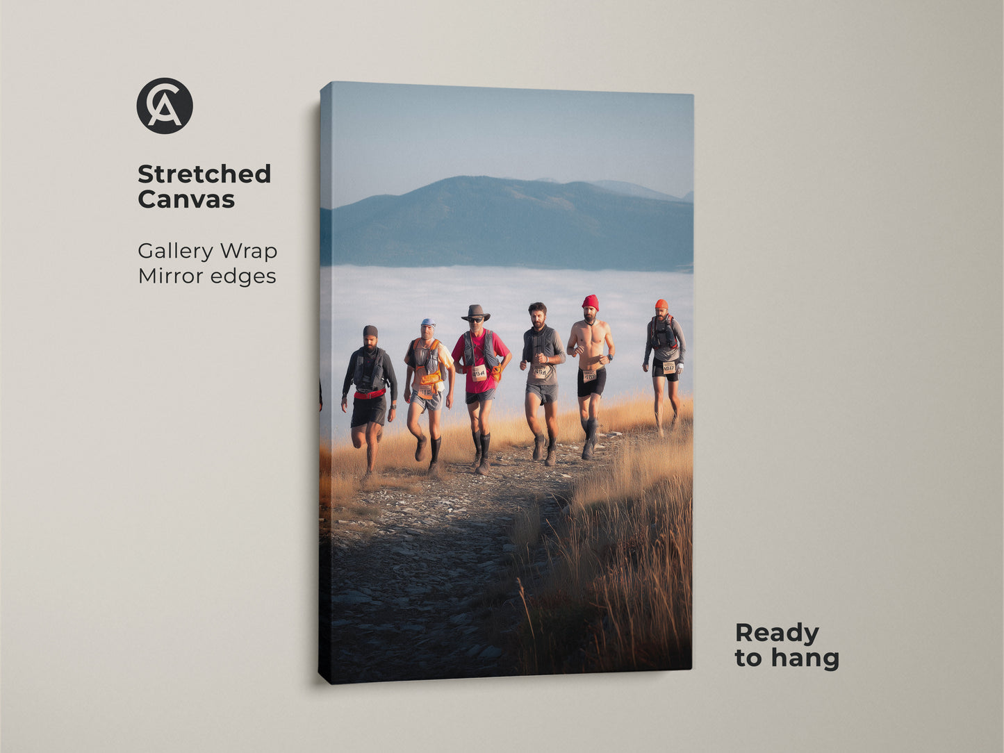Stretched canvas featuring trail runners ascending a mountain. This adventure photography art is ready to hang. The gallery wrap and mirror edges enhance the mountain landscape print. This rustic wall decor is an ideal outdoor runner gift for sports enthusiasts.