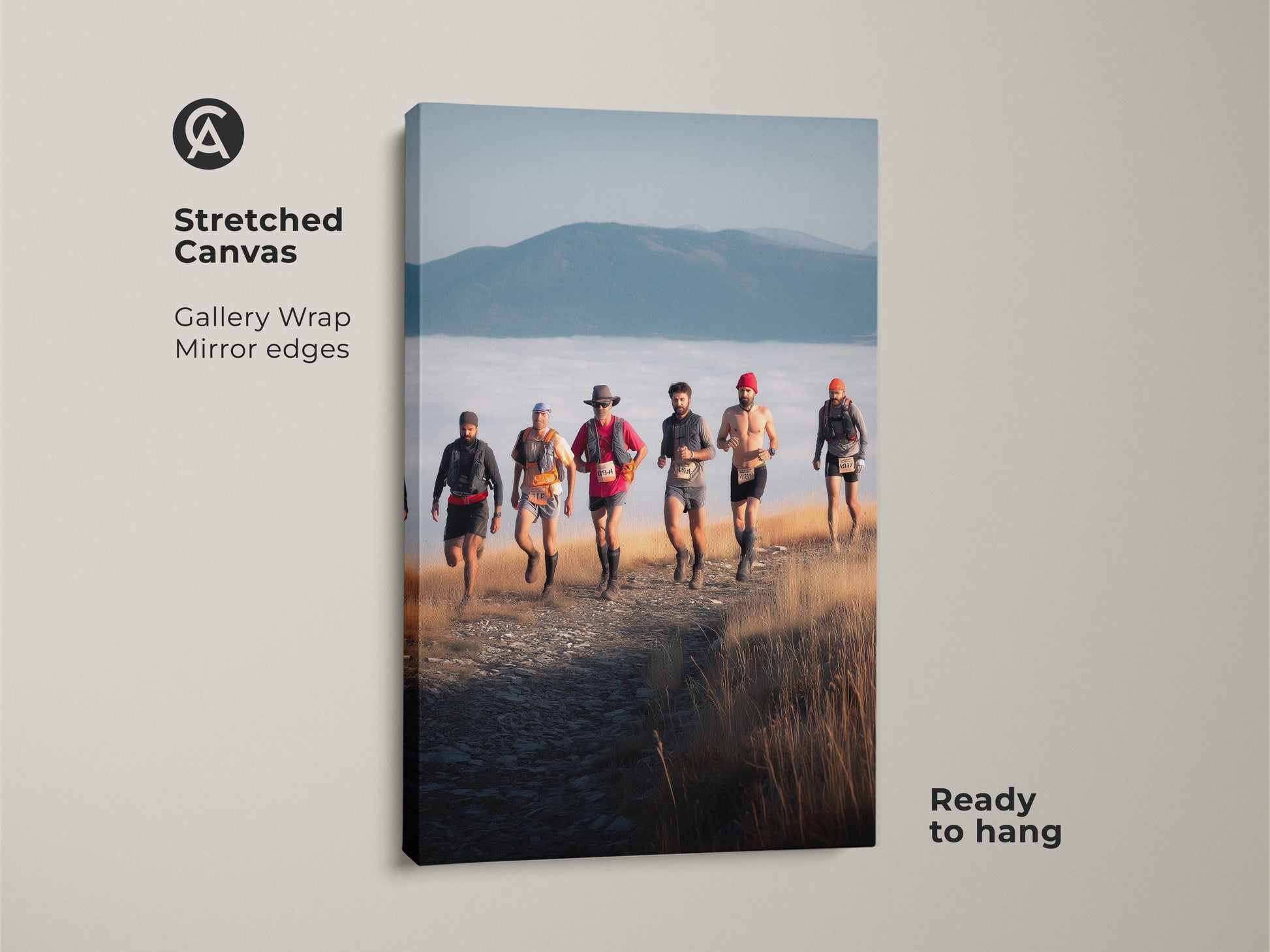 Stretched canvas featuring trail runners ascending a mountain. This adventure photography art is ready to hang. The gallery wrap and mirror edges enhance the mountain landscape print. This rustic wall decor is an ideal outdoor runner gift for sports enthusiasts.