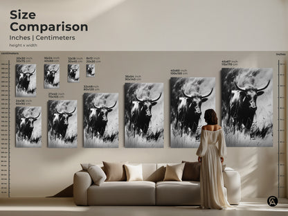 A size comparison shows the monochrome bull art in various dimensions. See how the canvas print fits above a sofa. Visualize the impact of this charcoal sketch longhorn in your living room. Perfect wildlife animal print.