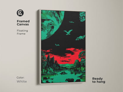 Framed canvas featuring surreal emerald green and red artwork. This retro sci-fi wildlife art is ready to hang with a floating frame. The white frame provides a clean look for this unique wall decor. It's an artistic gift for any home or office.