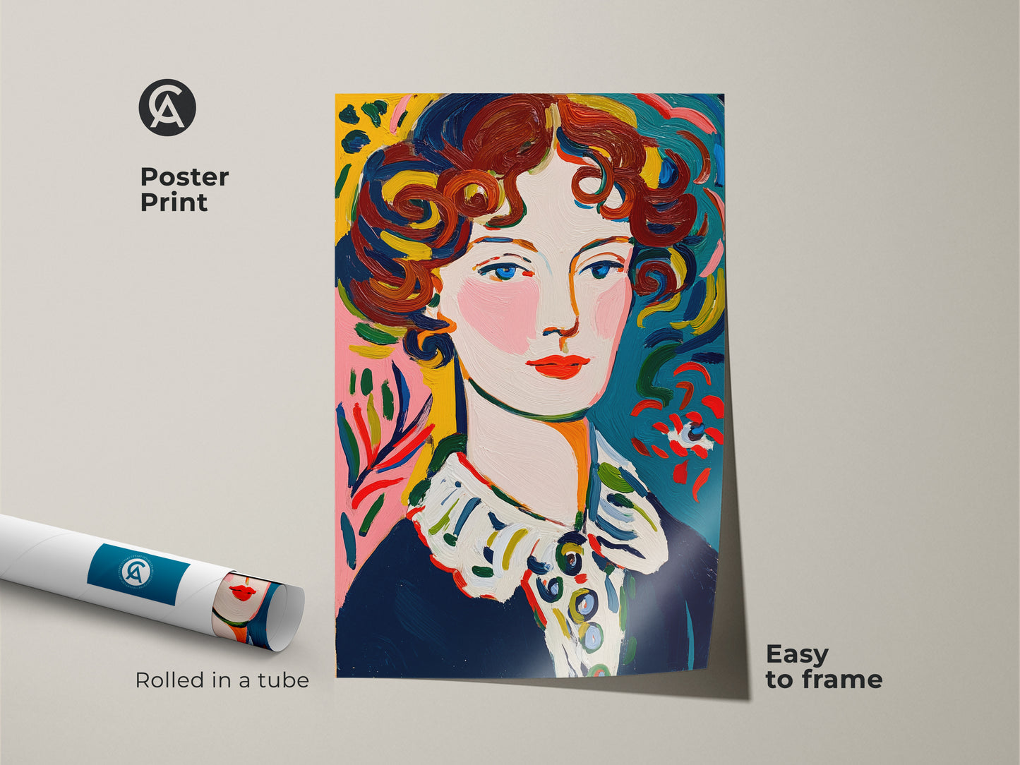 Poster print of a portrait artwork. The painting features a woman with curly hair and a colorful backdrop. The poster is easy to frame. This museum-quality paper print captures the beauty of the original painting.