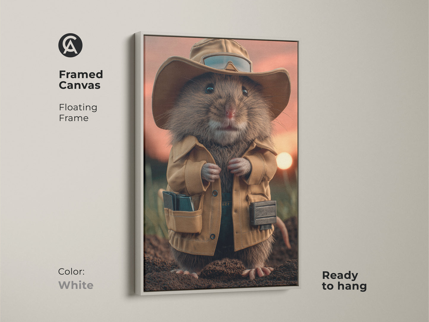 White framed canvas displaying a whimsical mouse explorer. This unique animal wall art is perfect for eclectic decor. The ready to hang canvas enhances any study room or living space.