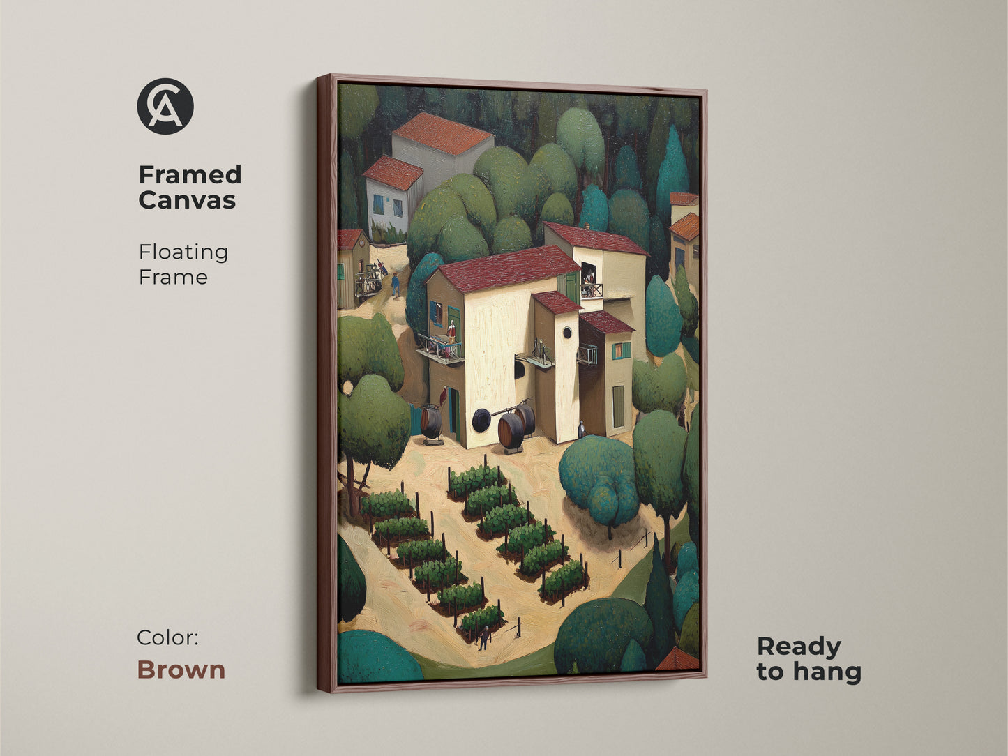 Framed canvas in brown showcasing rustic village wall art. The folk art vineyard print has a terracotta green landscape. Naive art shows a countryside scene. Perfect wine lover housewarming gift adds farmhouse kitchen decor. Ready to hang.