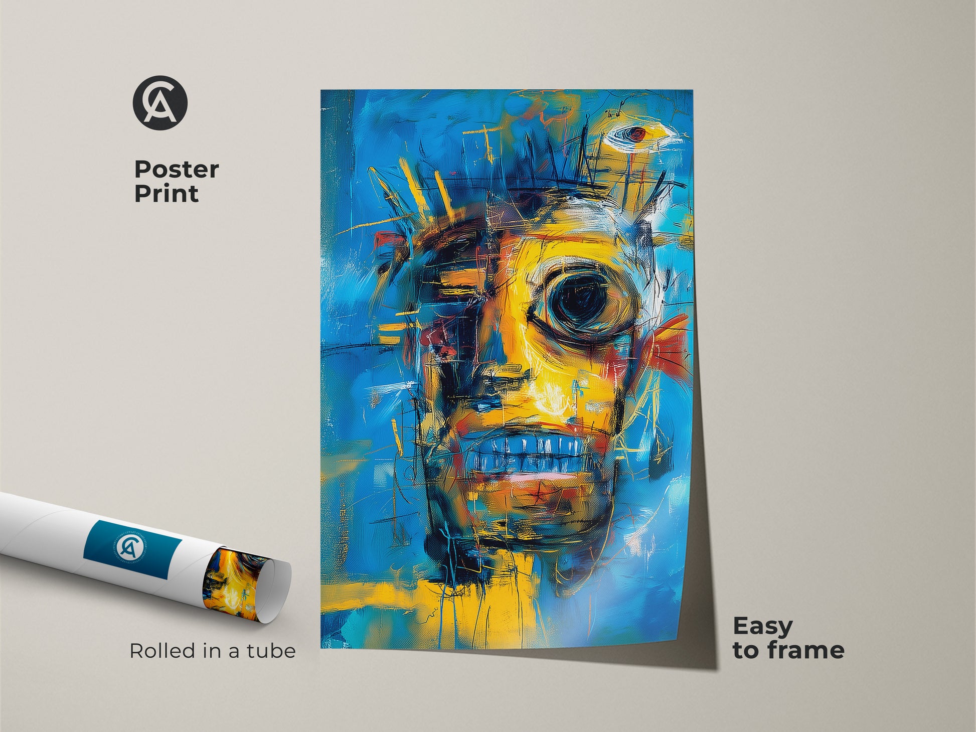 Poster print of a vibrant abstract face artwork. This museum-quality paper captures every detail. It's an affordable way to add color to your decor. The print is rolled in a tube for easy framing.