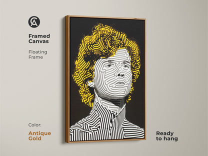 Framed canvas art in a floating antique gold frame. The art presents a striped portrait of a person with yellow hair. The canvas is ready to hang. This elegant artwork enhances any room's decor.
