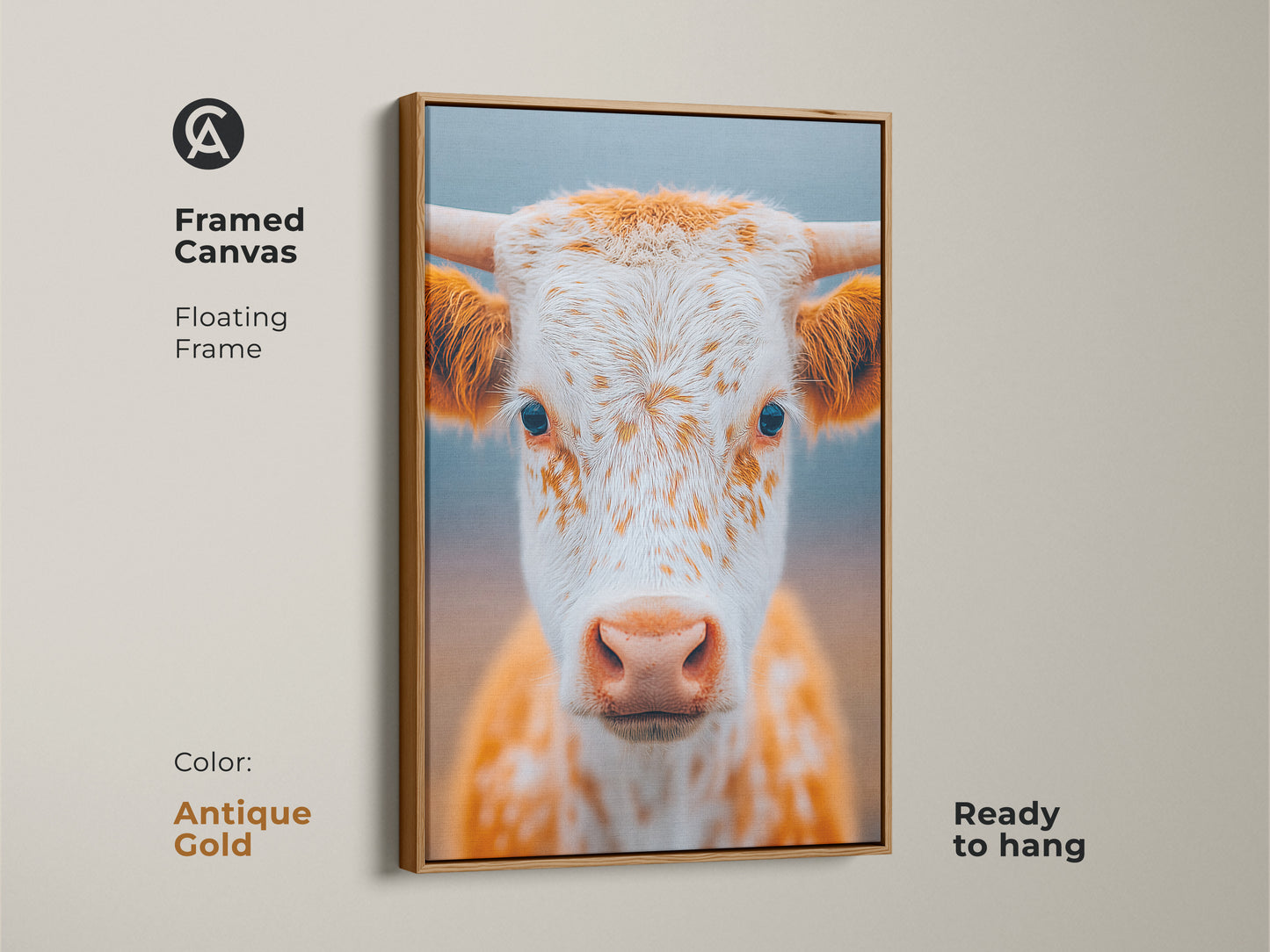 Framed canvas of a longhorn calf. The floating frame is antique gold. The art is ready to hang. This framed art offers a polished look. The canvas will elevate your home decor.