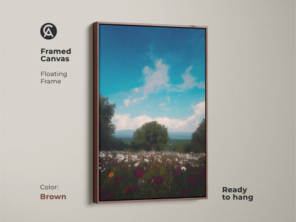 A framed canvas with a brown floating frame displaying colorful bloom canvas. The dreamy landscape art creates a serene atmosphere. The boho nature art is ideal as a housewarming gift nature. This is ready to hang