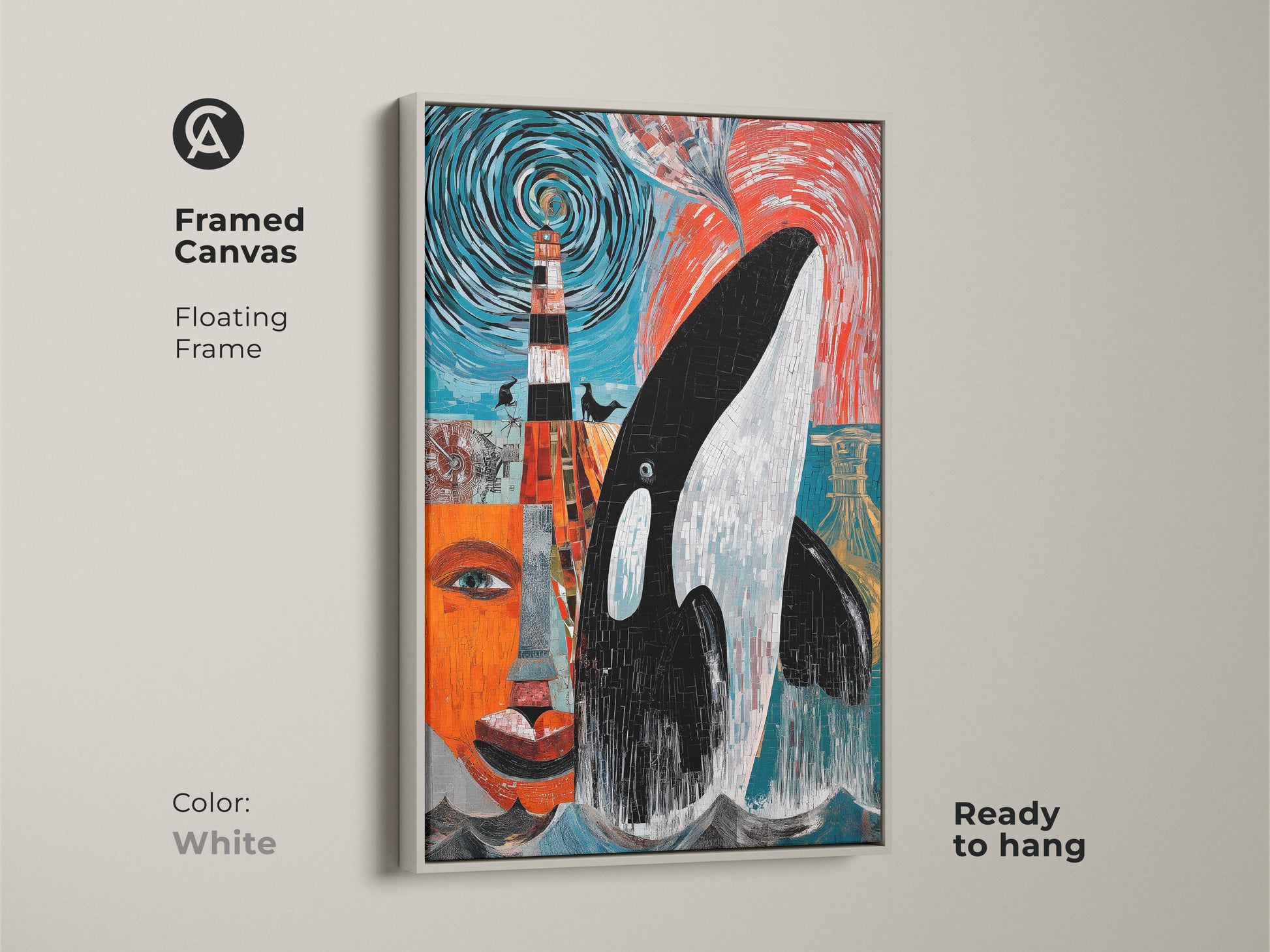 Framed Canvas featuring an antique gold floating frame. Abstract Orca whale art is featured with a mosaic lighthouse. The canvas art has an ocean theme which is perfect as eclectic home decor. It is a thoughtful gift for ocean lovers. The art is in teal orange & black.