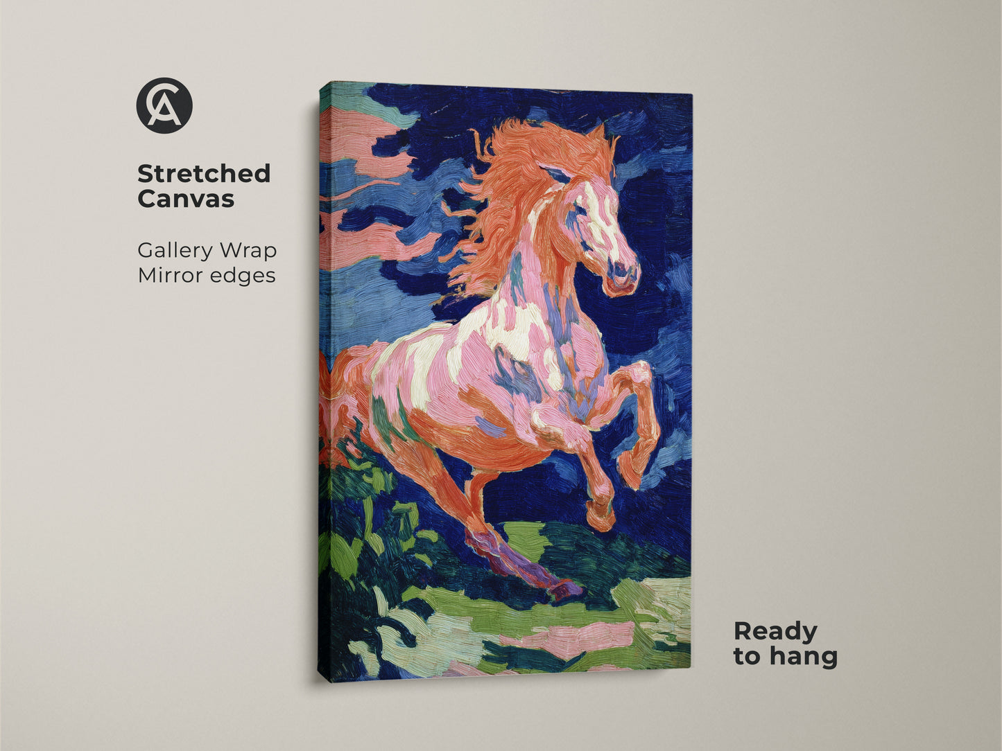 Stretched canvas print of an expressive horse. The gallery wrap with mirror edges adds a modern touch. The vibrant orange pink and blue hues bring energy to any space. Ready to hang this equestrian art is perfect for eclectic decor.