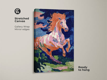Stretched canvas print of an expressive horse. The gallery wrap with mirror edges adds a modern touch. The vibrant orange pink and blue hues bring energy to any space. Ready to hang this equestrian art is perfect for eclectic decor.