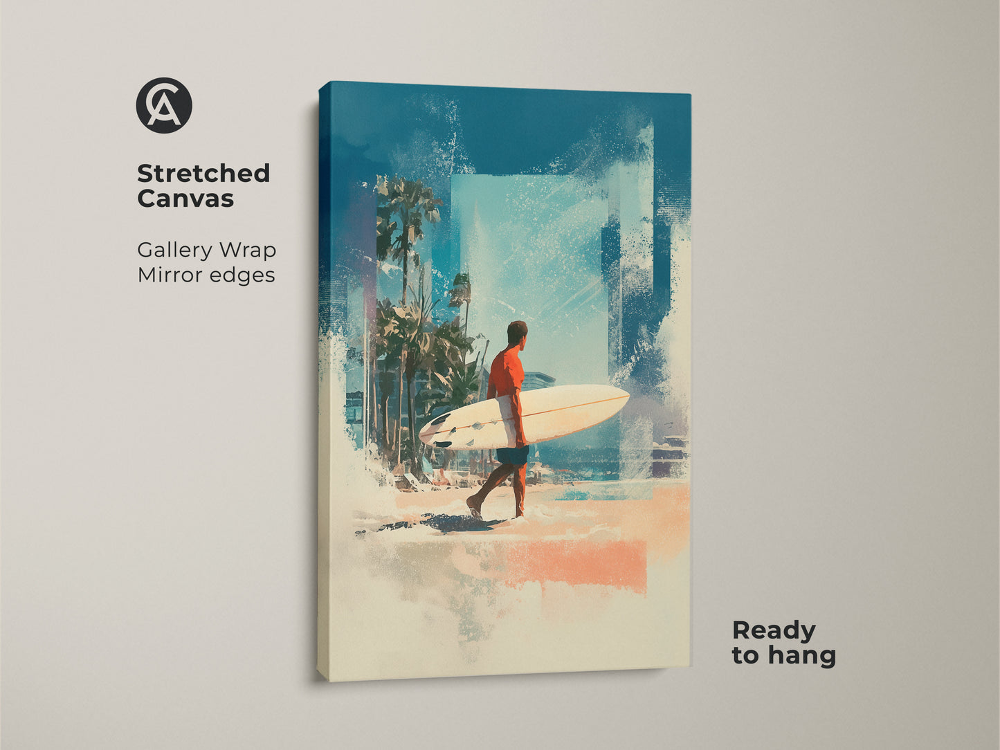 Transform your space with this captivating stretched canvas art. It shows a surfer walking on the beach with his surfboard. The gallery wrap and mirrored edges add a touch of sophistication. Ready to hang and enjoy this beach scene. Find the perfect beach art for your home today.