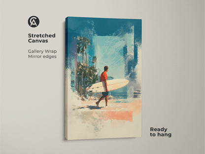 Transform your space with this captivating stretched canvas art. It shows a surfer walking on the beach with his surfboard. The gallery wrap and mirrored edges add a touch of sophistication. Ready to hang and enjoy this beach scene. Find the perfect beach art for your home today.