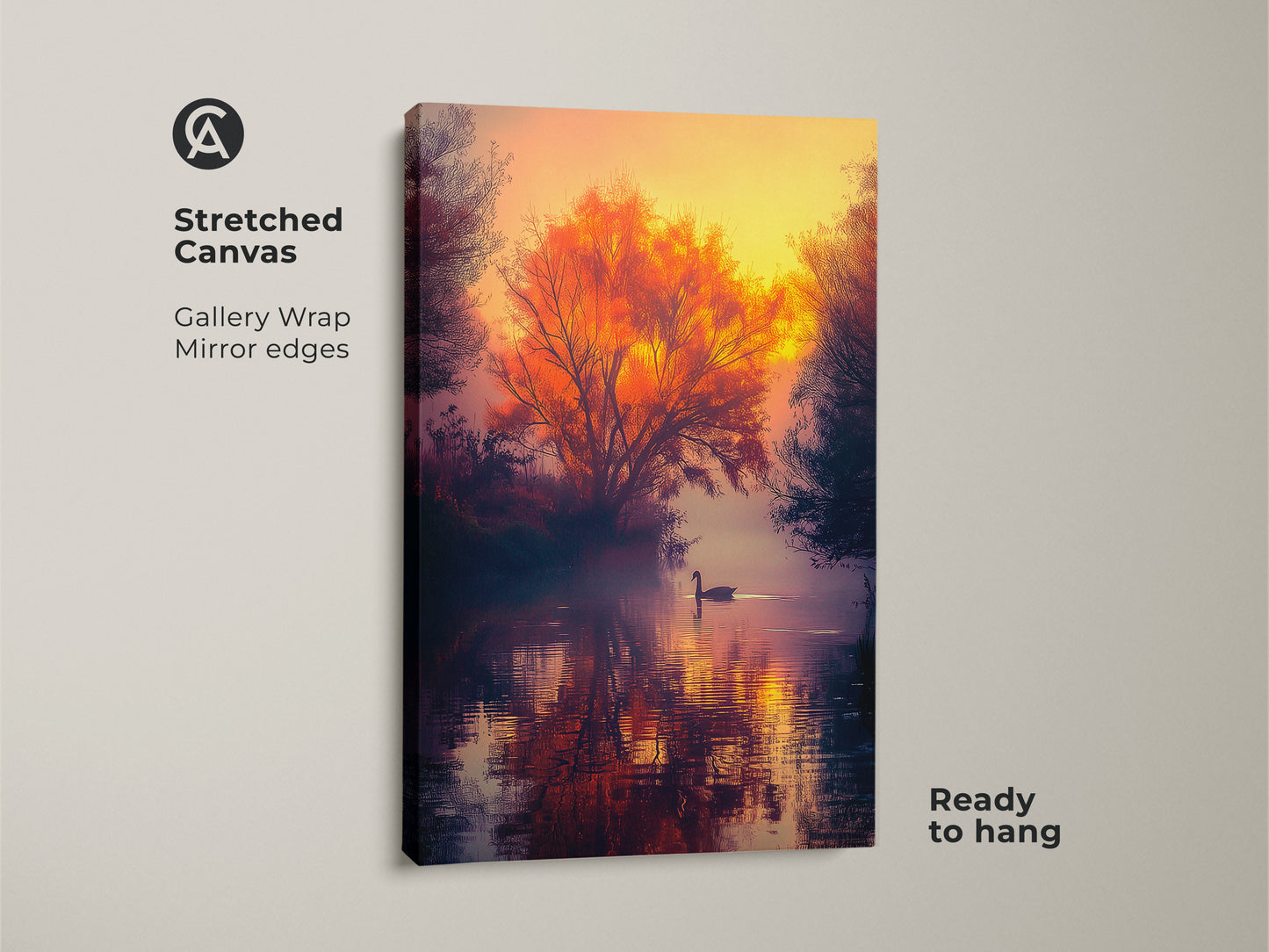 Stretched canvas sunset landscape art. Gallery wrapped canvas with mirror edges. A lone swan swims in a misty lake. Orange tree reflects on the water. Ready to hang. Order your canvas art today.