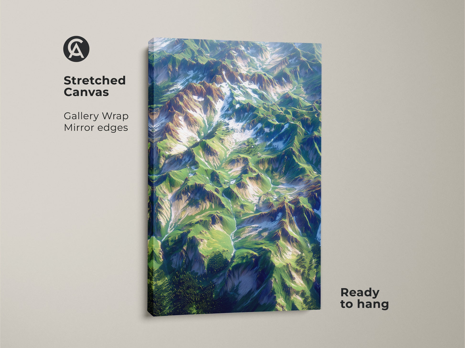 Stretched canvas art featuring an aerial mountain landscape. This gallery-wrapped canvas has mirrored edges. It comes ready to hang. The artwork captures the beauty of snow-capped mountains and lush green valleys. Transform your space with this stunning nature-inspired piece.