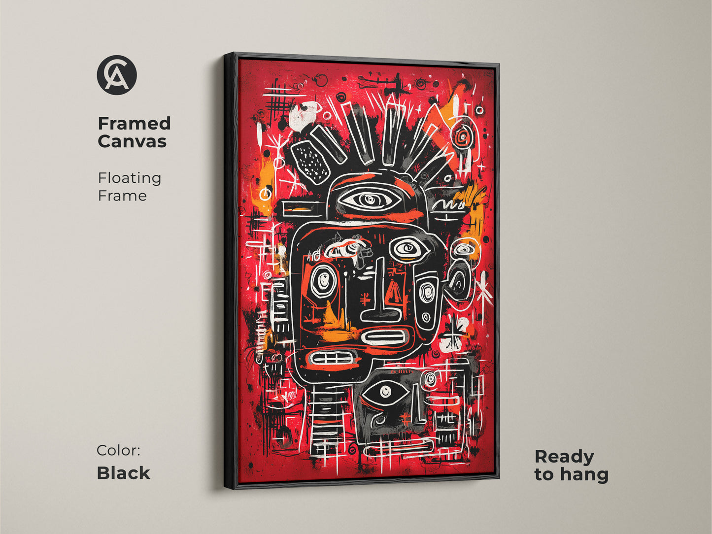 A framed canvas artwork with a floating frame in black. The artwork showcases an abstract face on a red backdrop. The face has black white and orange accents. This piece is ready to hang. Get yours today