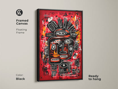 A framed canvas artwork with a floating frame in black. The artwork showcases an abstract face on a red backdrop. The face has black white and orange accents. This piece is ready to hang. Get yours today