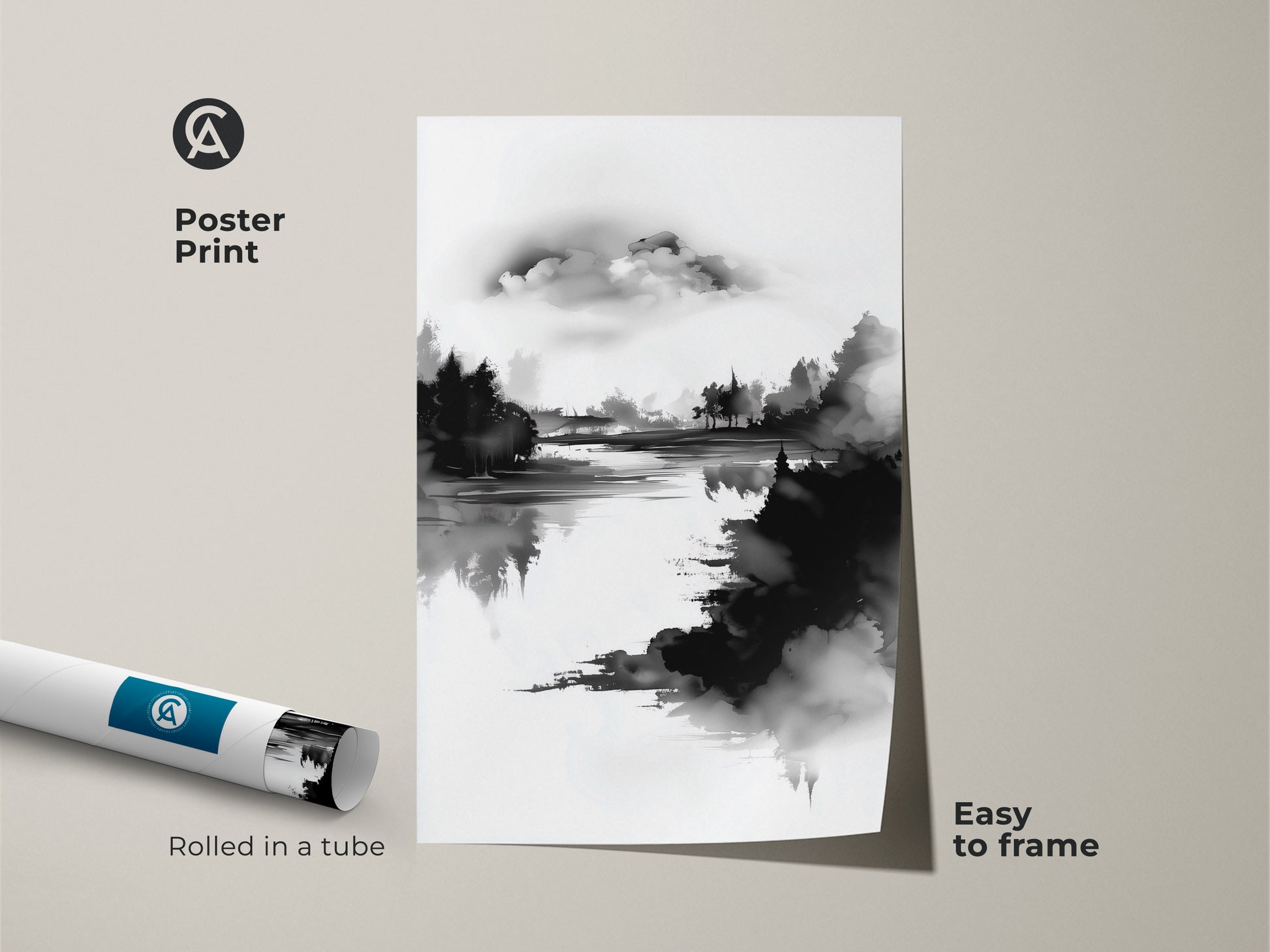 A poster print of an ink wash landscape art piece. The minimalist forest lake is rendered in black and white. It arrives rolled in a tube for easy framing. This nature print is a simple way to add modern art to your home. The abstract canvas is perfect for any space.