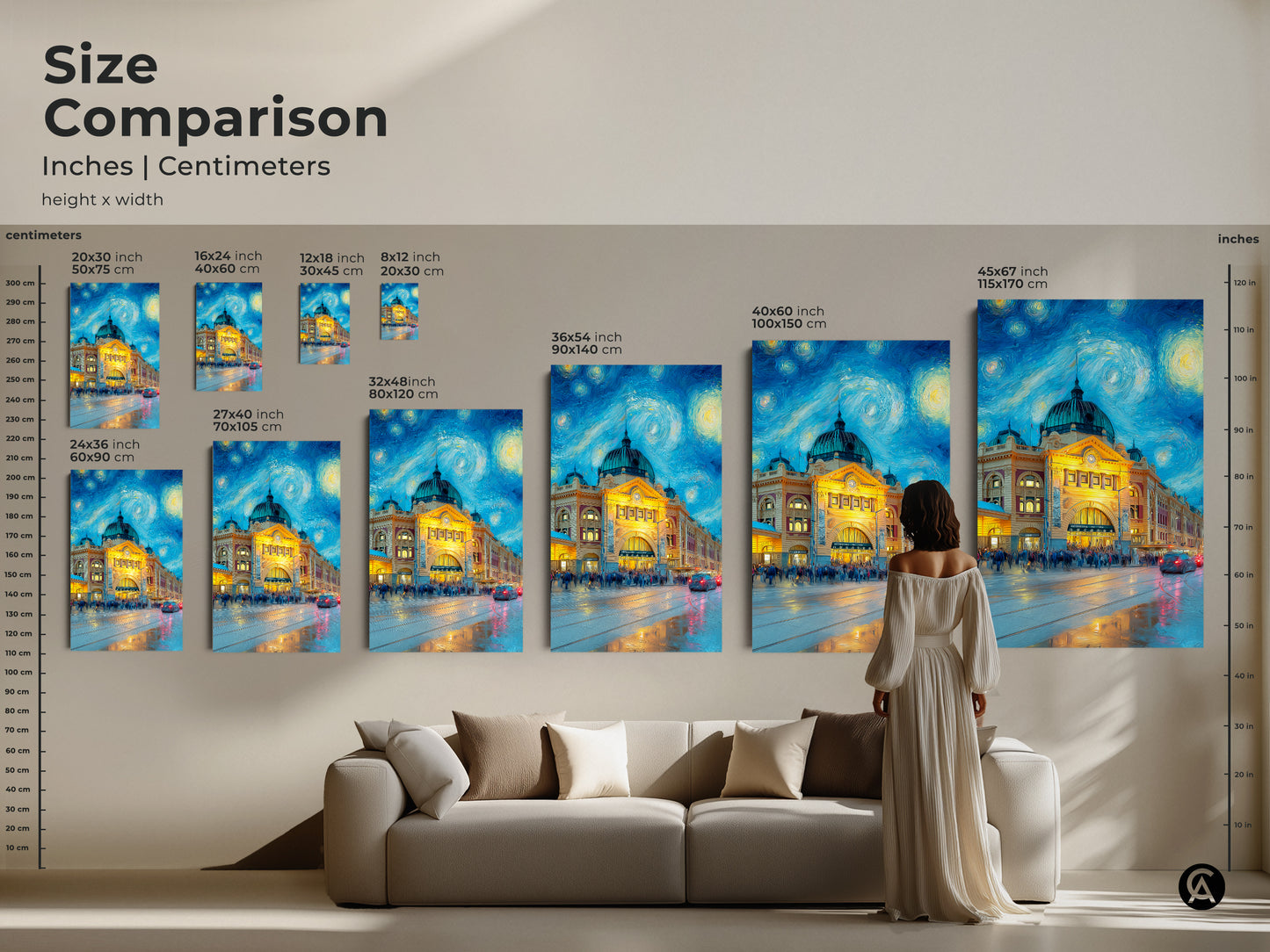 Size comparison of Flinders Street Station artwork. See how the art looks in different sizes from small to large. Visualize the artwork in your space. Find the perfect size for your home decor needs.