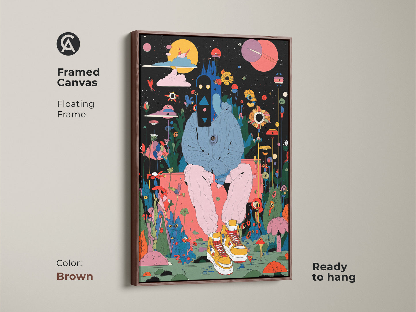 Brown framed canvas art. This framed artwork shows a figure in a surreal setting. The floating frame adds elegance. It is ready to hang. The brown frame complements the art.