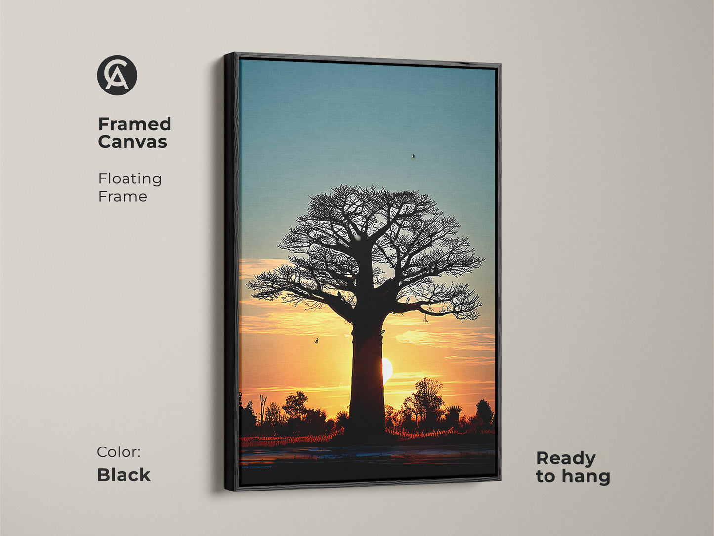 Black framed canvas of a sunset baobab tree. This African silhouette landscape art is ready to hang. The floating frame enhances the boho bedroom wall decor. A unique and serene nature landscape canvas.