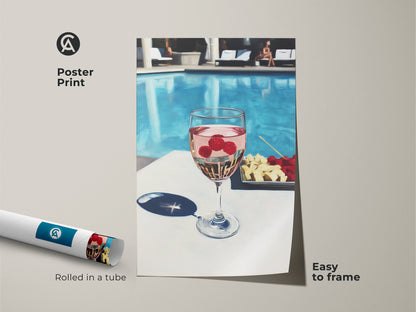 Poster print featuring a poolside raspberry rosé artwork. Easy to frame this print brings contemporary style. The aqua and pink color palette adds a refreshing touch. Perfect for wine lovers and modern home decor.
