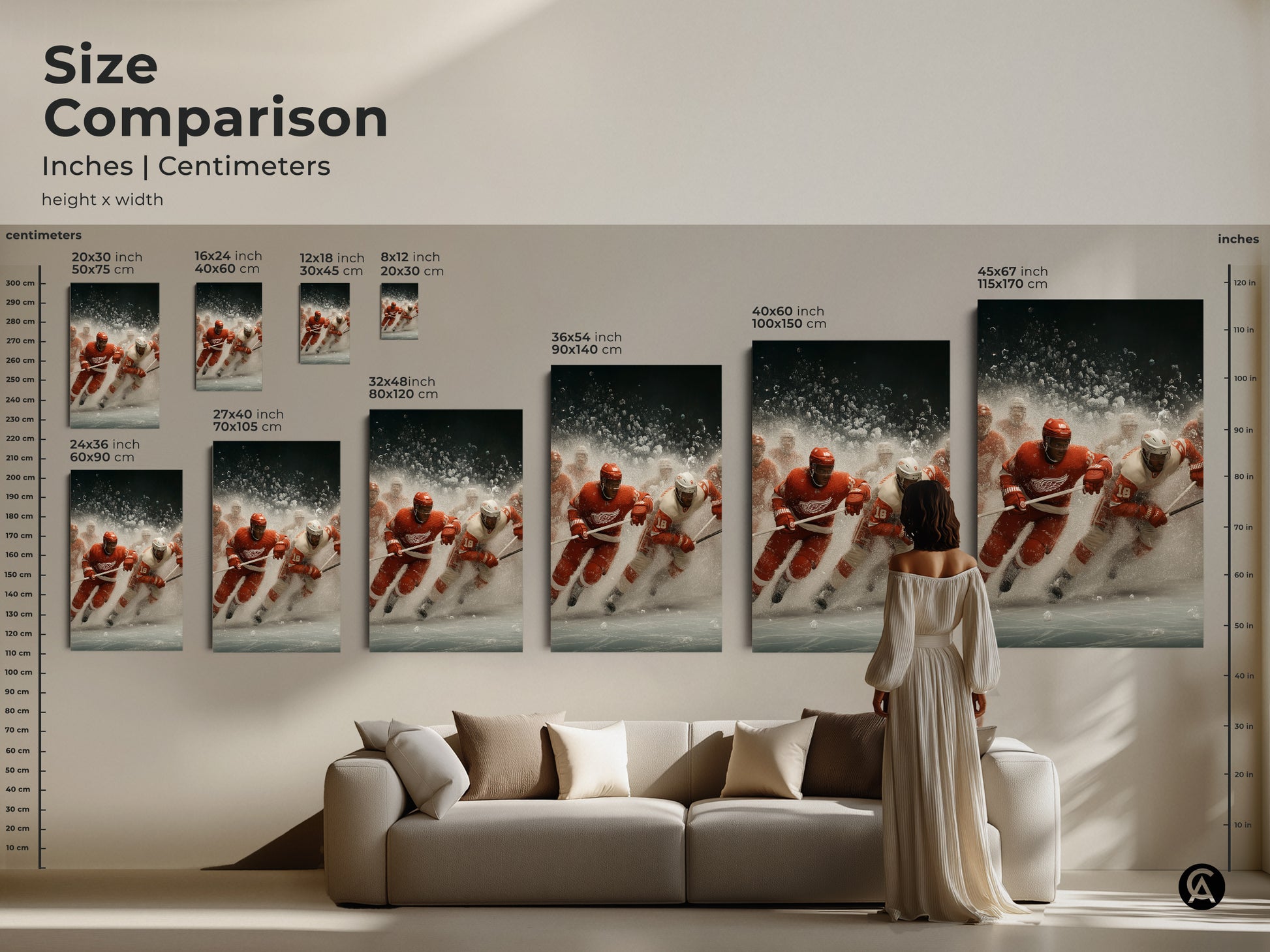 Size Comparison Guide for Dynamic Ice Hockey Art Print.  Visualize inches and centimeters for various sizes. A red and white canvas artwork is perfect as sports action wall decor. Ideal for hockey enthusiasts wall art and as a unique hockey fan gift.