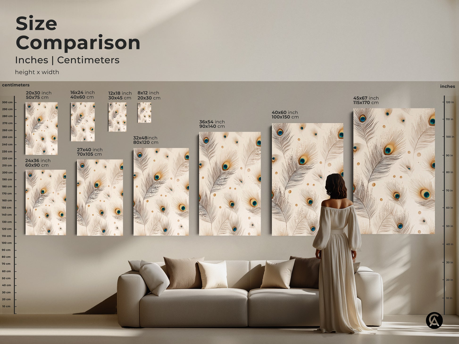 Size comparison of peacock feather artwork. Inches and centimeters are shown. Various sizes from small to large. A woman views the art. It's a beige teal and gold nature print.
