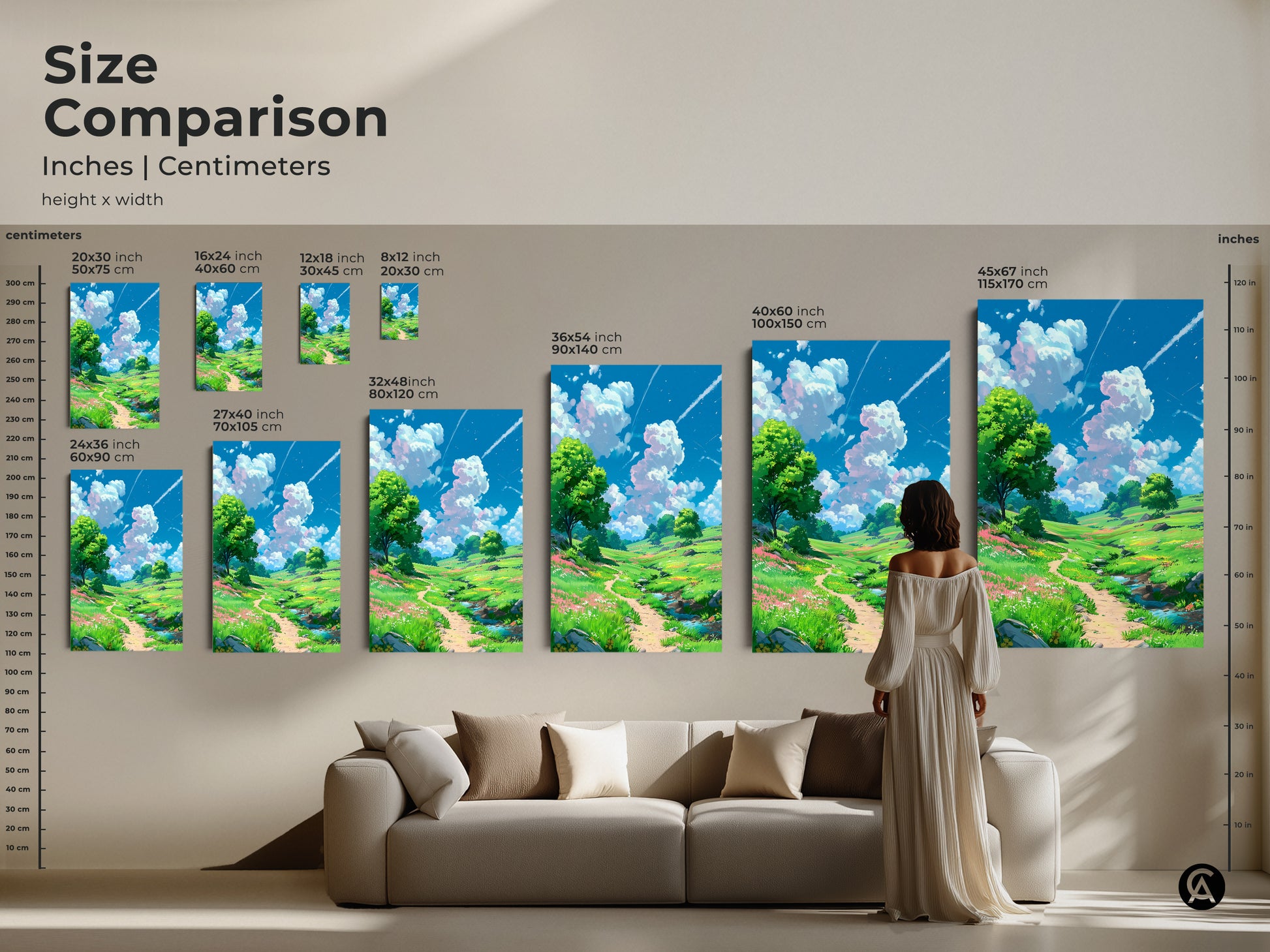 Size comparison of landscape artwork in inches and centimeters. The canvas and poster prints range from small 8x12 inch to large 45x67 inch. Visualize how each size fits in your space with this stunning nature painting.