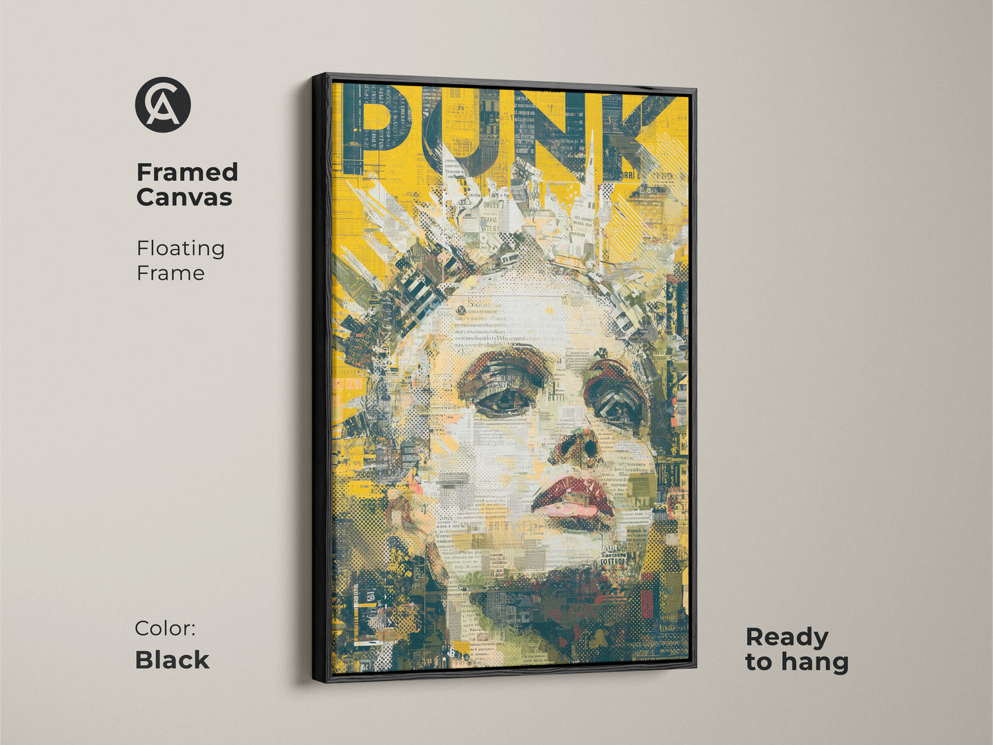This framed artwork features a woman with a crown. The art style has a Punk aesthetic. The artwork includes the word PUNK in bold yellow text. The frame color is black. This canvas is ready to hang.